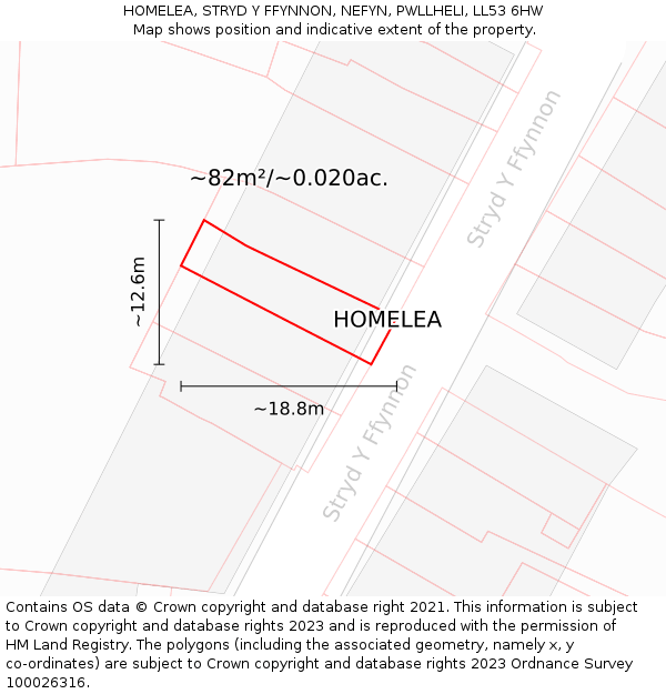 HOMELEA, STRYD Y FFYNNON, NEFYN, PWLLHELI, LL53 6HW: Plot and title map