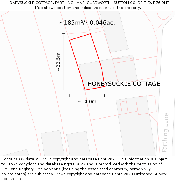 HONEYSUCKLE COTTAGE, FARTHING LANE, CURDWORTH, SUTTON COLDFIELD, B76 9HE: Plot and title map