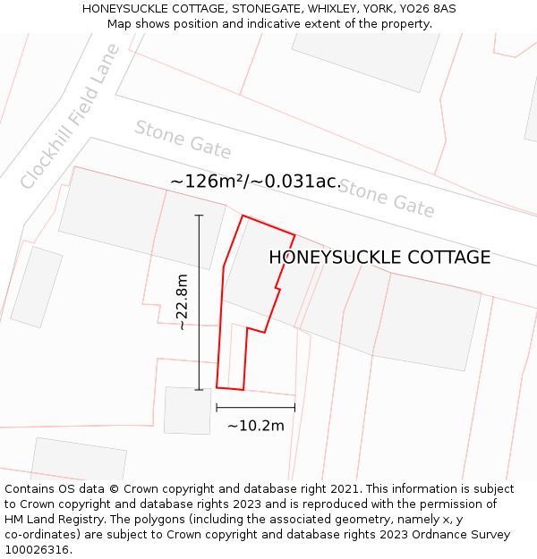 HONEYSUCKLE COTTAGE, STONEGATE, WHIXLEY, YORK, YO26 8AS: Plot and title map