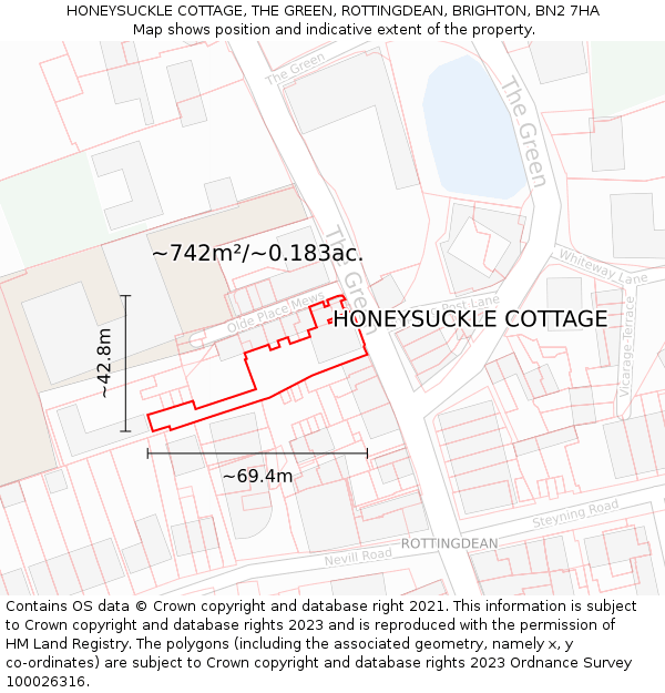 HONEYSUCKLE COTTAGE, THE GREEN, ROTTINGDEAN, BRIGHTON, BN2 7HA: Plot and title map