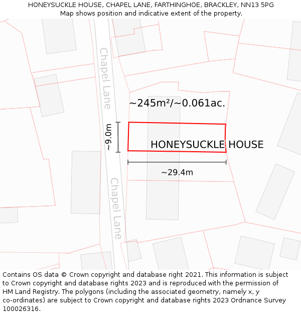HONEYSUCKLE HOUSE, CHAPEL LANE, FARTHINGHOE, BRACKLEY, NN13 5PG: Plot and title map