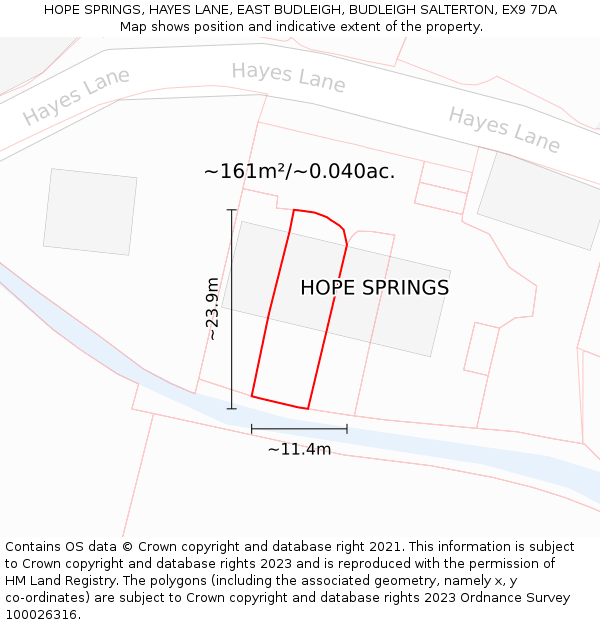 HOPE SPRINGS, HAYES LANE, EAST BUDLEIGH, BUDLEIGH SALTERTON, EX9 7DA: Plot and title map