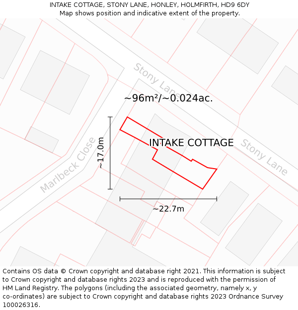 INTAKE COTTAGE, STONY LANE, HONLEY, HOLMFIRTH, HD9 6DY: Plot and title map
