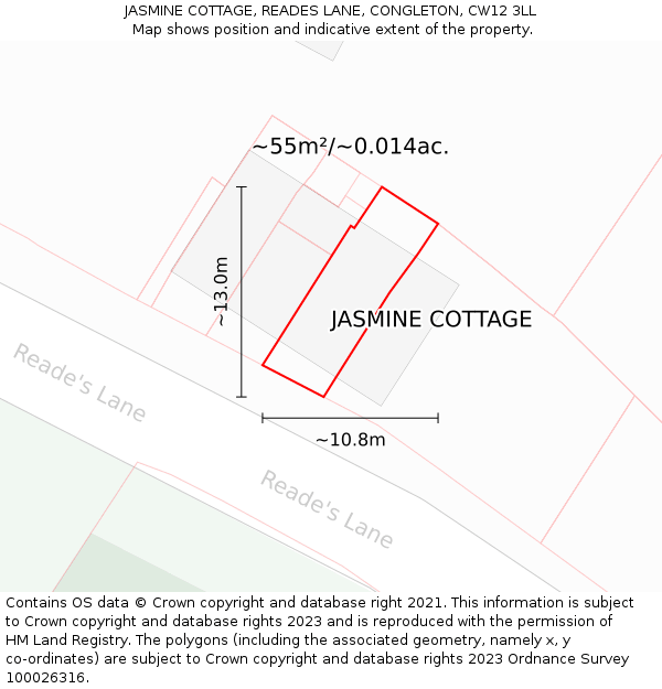JASMINE COTTAGE, READES LANE, CONGLETON, CW12 3LL: Plot and title map