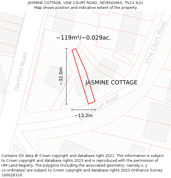 JASMINE COTTAGE, VINE COURT ROAD, SEVENOAKS, TN13 3UU: Plot and title map