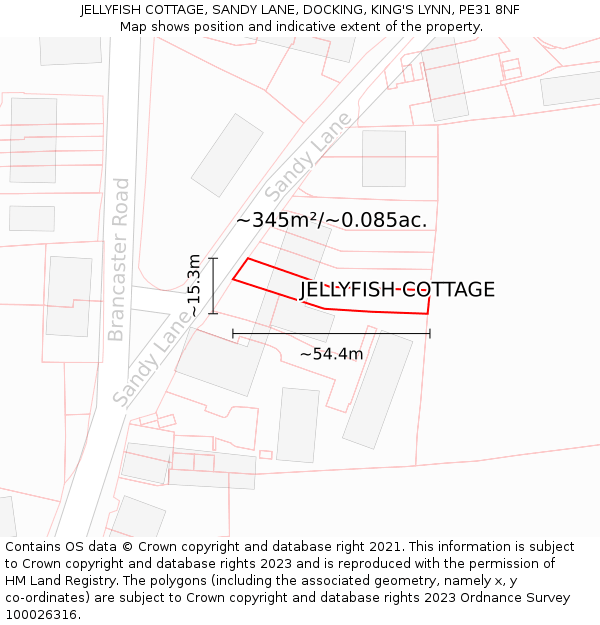 JELLYFISH COTTAGE, SANDY LANE, DOCKING, KING'S LYNN, PE31 8NF: Plot and title map