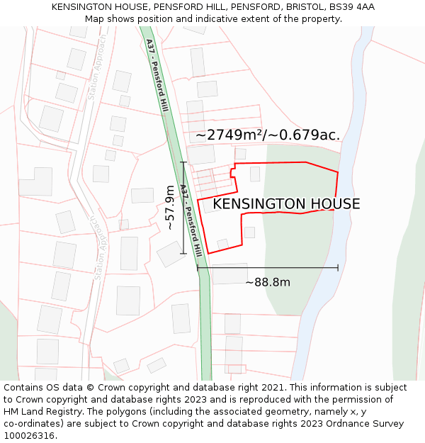 KENSINGTON HOUSE, PENSFORD HILL, PENSFORD, BRISTOL, BS39 4AA: Plot and title map