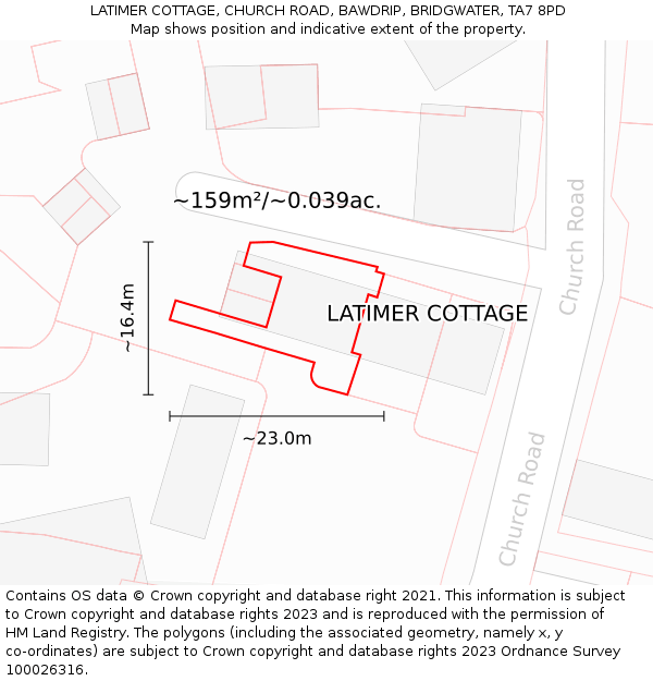 LATIMER COTTAGE, CHURCH ROAD, BAWDRIP, BRIDGWATER, TA7 8PD: Plot and title map