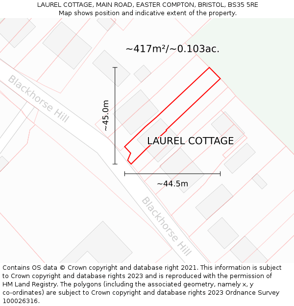 LAUREL COTTAGE, MAIN ROAD, EASTER COMPTON, BRISTOL, BS35 5RE: Plot and title map