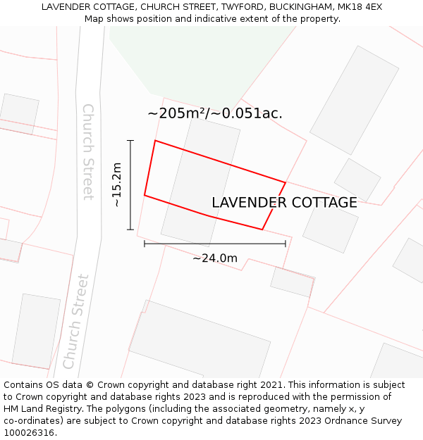 LAVENDER COTTAGE, CHURCH STREET, TWYFORD, BUCKINGHAM, MK18 4EX: Plot and title map