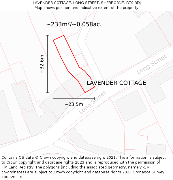 LAVENDER COTTAGE, LONG STREET, SHERBORNE, DT9 3DJ: Plot and title map