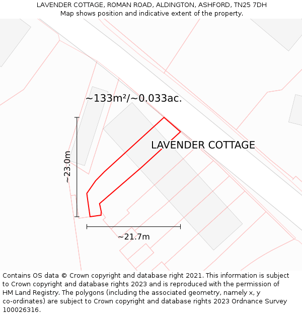 LAVENDER COTTAGE, ROMAN ROAD, ALDINGTON, ASHFORD, TN25 7DH: Plot and title map