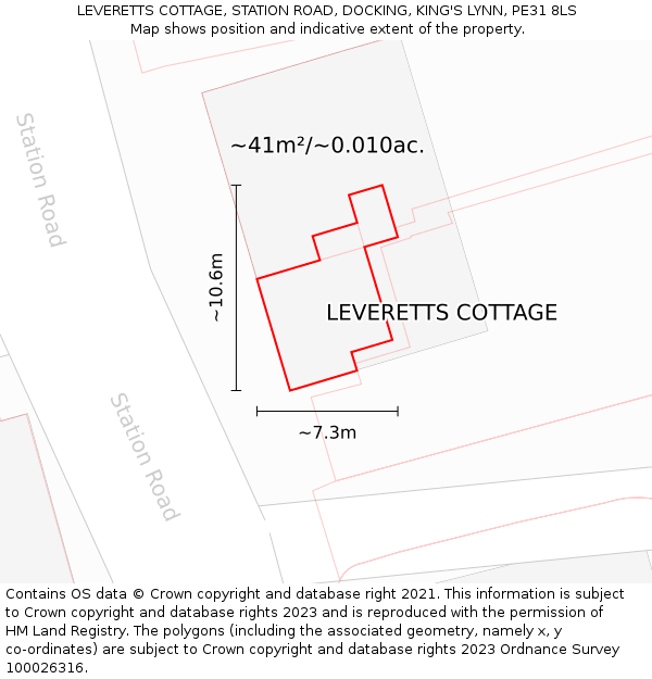 LEVERETTS COTTAGE, STATION ROAD, DOCKING, KING'S LYNN, PE31 8LS: Plot and title map