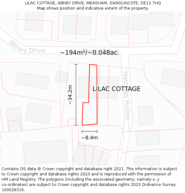 LILAC COTTAGE, ABNEY DRIVE, MEASHAM, SWADLINCOTE, DE12 7HQ: Plot and title map