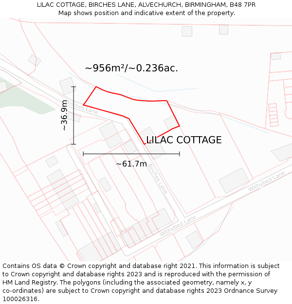LILAC COTTAGE, BIRCHES LANE, ALVECHURCH, BIRMINGHAM, B48 7PR: Plot and title map