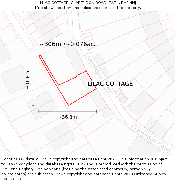 LILAC COTTAGE, CLARENDON ROAD, BATH, BA2 4NJ: Plot and title map