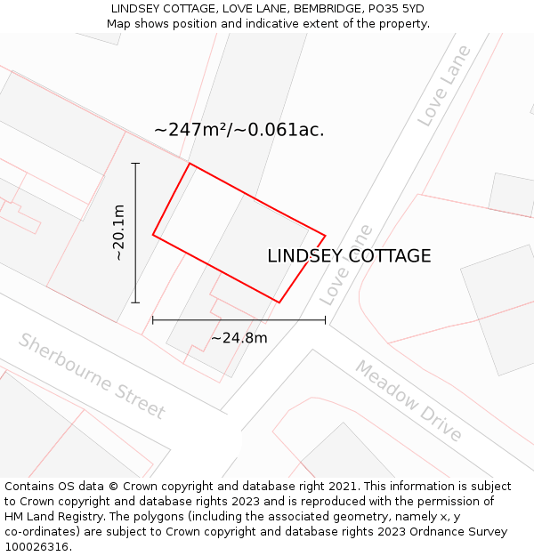 LINDSEY COTTAGE, LOVE LANE, BEMBRIDGE, PO35 5YD: Plot and title map