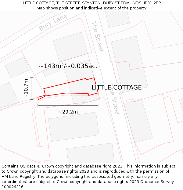 LITTLE COTTAGE, THE STREET, STANTON, BURY ST EDMUNDS, IP31 2BP: Plot and title map