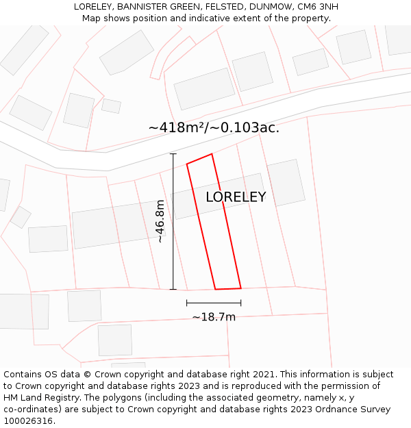 LORELEY, BANNISTER GREEN, FELSTED, DUNMOW, CM6 3NH: Plot and title map
