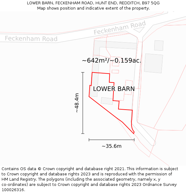 LOWER BARN, FECKENHAM ROAD, HUNT END, REDDITCH, B97 5QG: Plot and title map