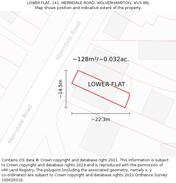 LOWER FLAT, 141, MERRIDALE ROAD, WOLVERHAMPTON, WV3 9RL: Plot and title map