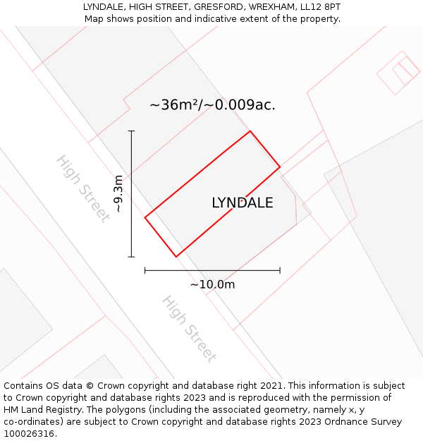 LYNDALE, HIGH STREET, GRESFORD, WREXHAM, LL12 8PT: Plot and title map