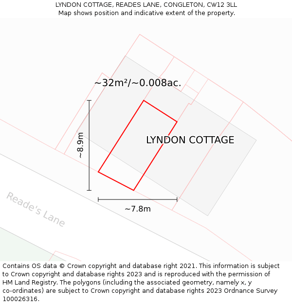 LYNDON COTTAGE, READES LANE, CONGLETON, CW12 3LL: Plot and title map