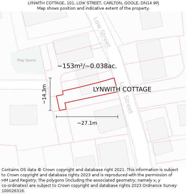 LYNWITH COTTAGE, 101, LOW STREET, CARLTON, GOOLE, DN14 9PJ: Plot and title map
