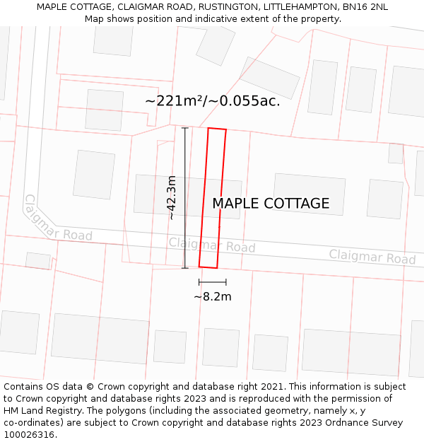 MAPLE COTTAGE, CLAIGMAR ROAD, RUSTINGTON, LITTLEHAMPTON, BN16 2NL: Plot and title map
