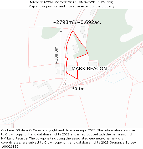 MARK BEACON, MOCKBEGGAR, RINGWOOD, BH24 3NQ: Plot and title map