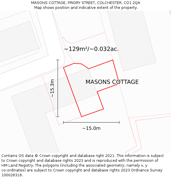 MASONS COTTAGE, PRIORY STREET, COLCHESTER, CO1 2QA: Plot and title map
