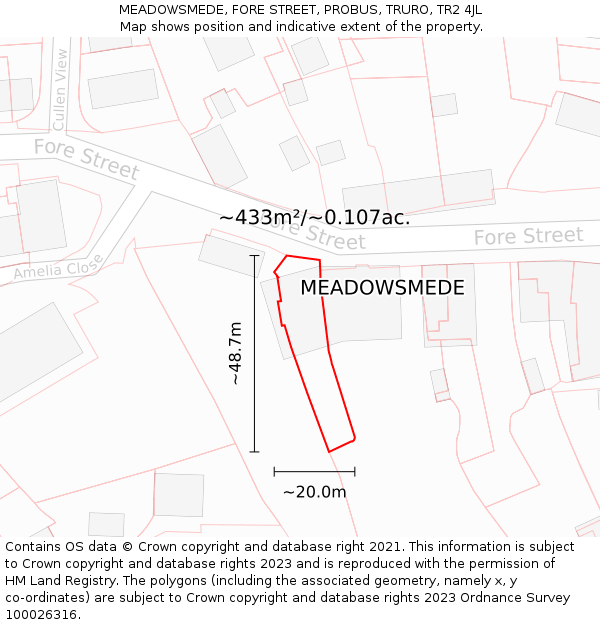 MEADOWSMEDE, FORE STREET, PROBUS, TRURO, TR2 4JL: Plot and title map