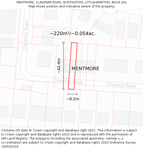 MENTMORE, CLAIGMAR ROAD, RUSTINGTON, LITTLEHAMPTON, BN16 2NL: Plot and title map