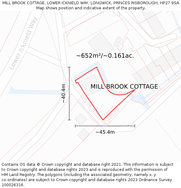 MILL BROOK COTTAGE, LOWER ICKNIELD WAY, LONGWICK, PRINCES RISBOROUGH, HP27 9SA: Plot and title map