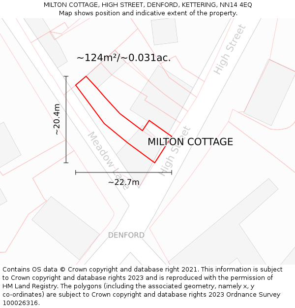 MILTON COTTAGE, HIGH STREET, DENFORD, KETTERING, NN14 4EQ: Plot and title map