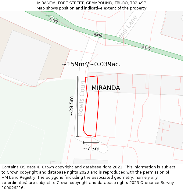 MIRANDA, FORE STREET, GRAMPOUND, TRURO, TR2 4SB: Plot and title map