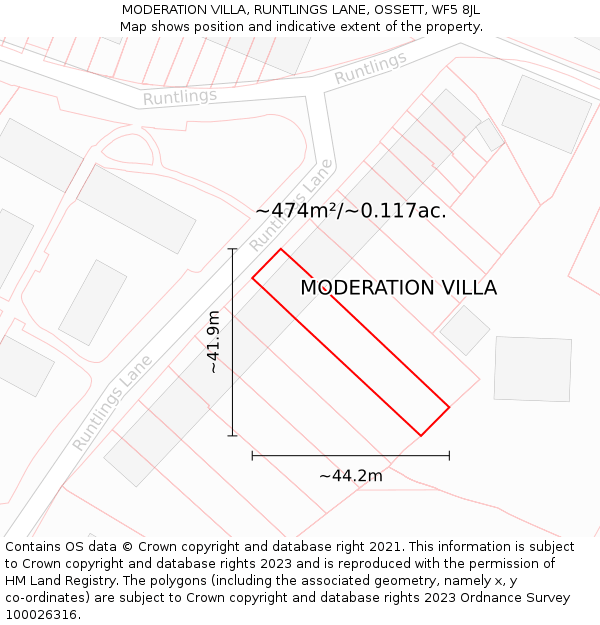 MODERATION VILLA, RUNTLINGS LANE, OSSETT, WF5 8JL: Plot and title map