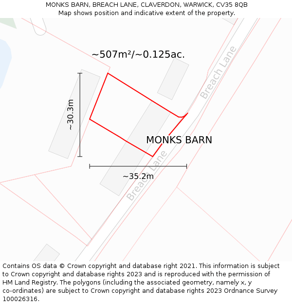 MONKS BARN, BREACH LANE, CLAVERDON, WARWICK, CV35 8QB: Plot and title map
