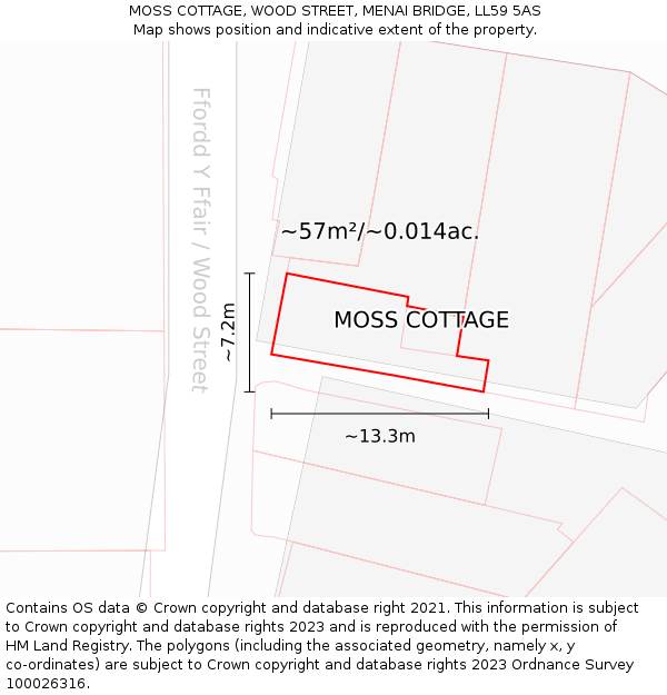 MOSS COTTAGE, WOOD STREET, MENAI BRIDGE, LL59 5AS: Plot and title map