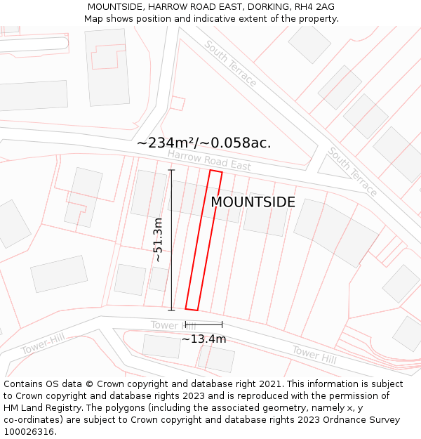 MOUNTSIDE, HARROW ROAD EAST, DORKING, RH4 2AG: Plot and title map