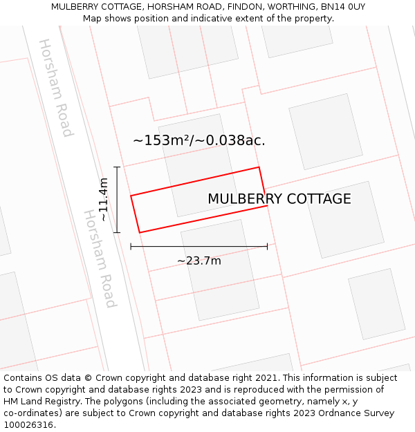 MULBERRY COTTAGE, HORSHAM ROAD, FINDON, WORTHING, BN14 0UY: Plot and title map