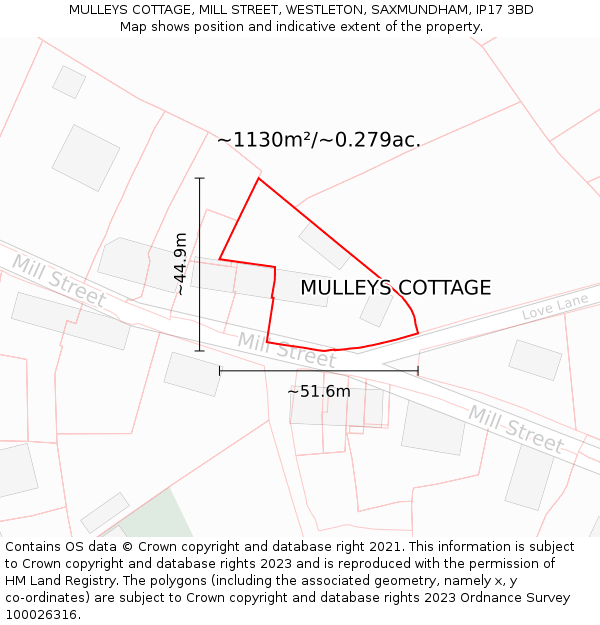 MULLEYS COTTAGE, MILL STREET, WESTLETON, SAXMUNDHAM, IP17 3BD: Plot and title map