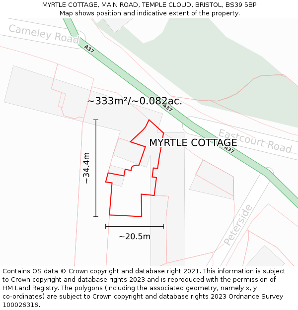 MYRTLE COTTAGE, MAIN ROAD, TEMPLE CLOUD, BRISTOL, BS39 5BP: Plot and title map