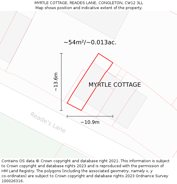MYRTLE COTTAGE, READES LANE, CONGLETON, CW12 3LL: Plot and title map