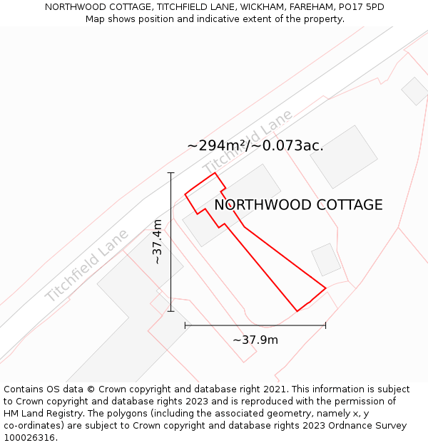 NORTHWOOD COTTAGE, TITCHFIELD LANE, WICKHAM, FAREHAM, PO17 5PD: Plot and title map
