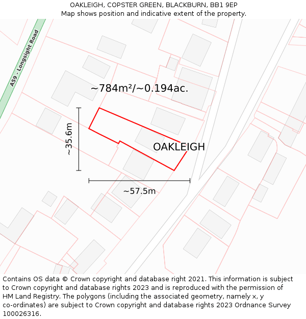 OAKLEIGH, COPSTER GREEN, BLACKBURN, BB1 9EP: Plot and title map