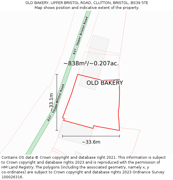 OLD BAKERY, UPPER BRISTOL ROAD, CLUTTON, BRISTOL, BS39 5TE: Plot and title map