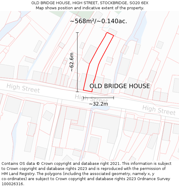 OLD BRIDGE HOUSE, HIGH STREET, STOCKBRIDGE, SO20 6EX: Plot and title map