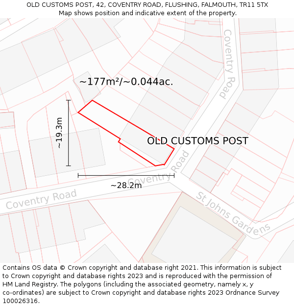 OLD CUSTOMS POST, 42, COVENTRY ROAD, FLUSHING, FALMOUTH, TR11 5TX: Plot and title map