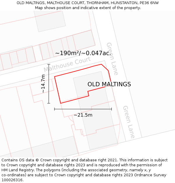 OLD MALTINGS, MALTHOUSE COURT, THORNHAM, HUNSTANTON, PE36 6NW: Plot and title map
